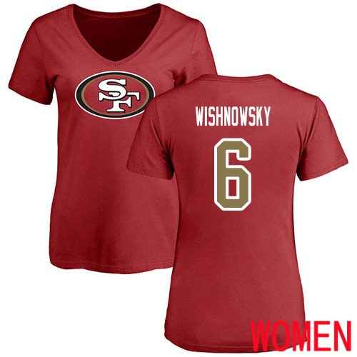 San Francisco 49ers Red Women Mitch Wishnowsky Name and Number Logo #6 NFL T Shirt